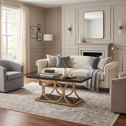 Black Modern Faux Marble 47-Inch Coffee Table With Gold Metal Base