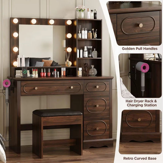 Brown Vanity Desk with Lighted Mirror, Charging Station & Stool