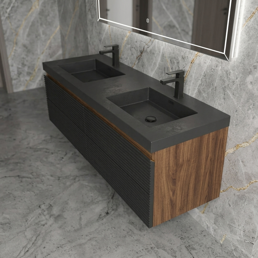 60" Black Floating Double Bathroom Vanity with Stone Sink Basin