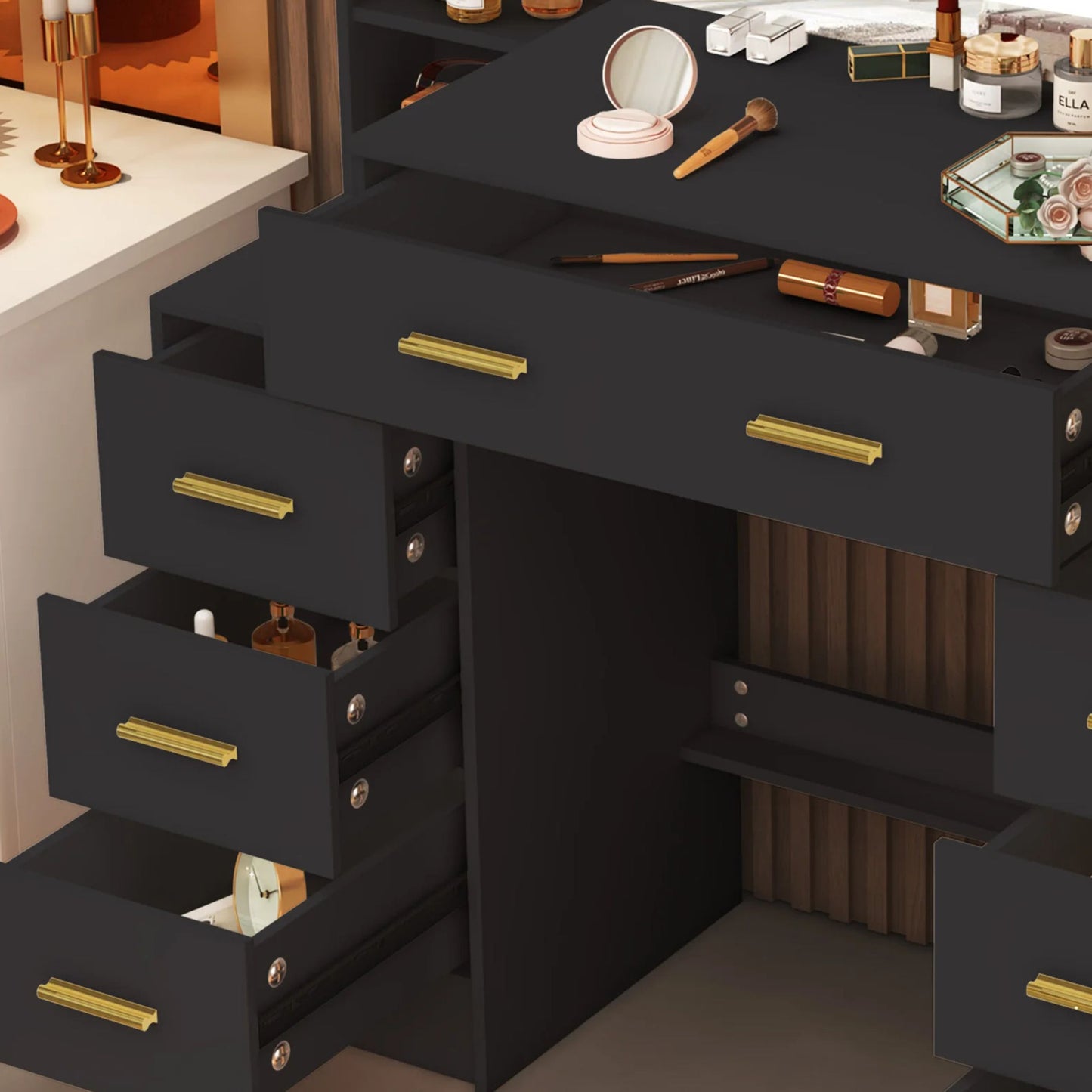Modern Black Makeup Vanity Desk with 3-Color Dimmable LED Mirror & 7 Drawers