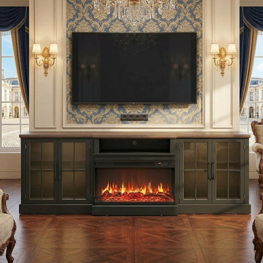 Contemporary Farmhouse TV Stand with Glass Doors & LED Lights