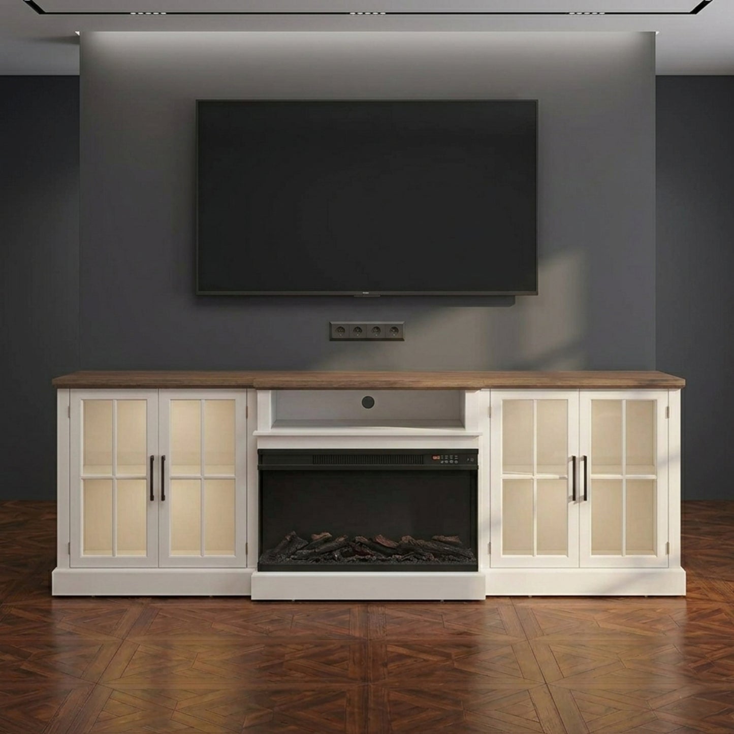 Contemporary Farmhouse TV Stand with Glass Doors & LED Lights