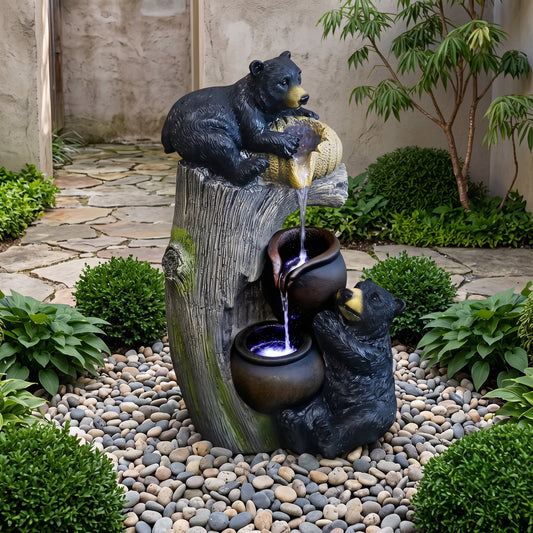 Black Bear Outdoor Water Fountain | 3-Tier Resin LED Garden Statue & Patio Decor