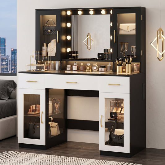Makeup Vanity Desk with Mirror and RGB Lights, White Glass Top Vanity with Power Outlet & 4 Lighted Cabinets
