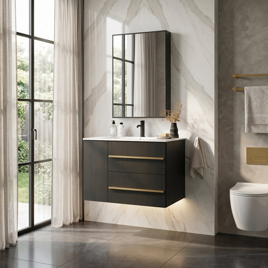 Black Floating Bathroom Vanity with Ceramic Sink & 2 Soft-Close Drawers | Wall-Mounted Cabinet