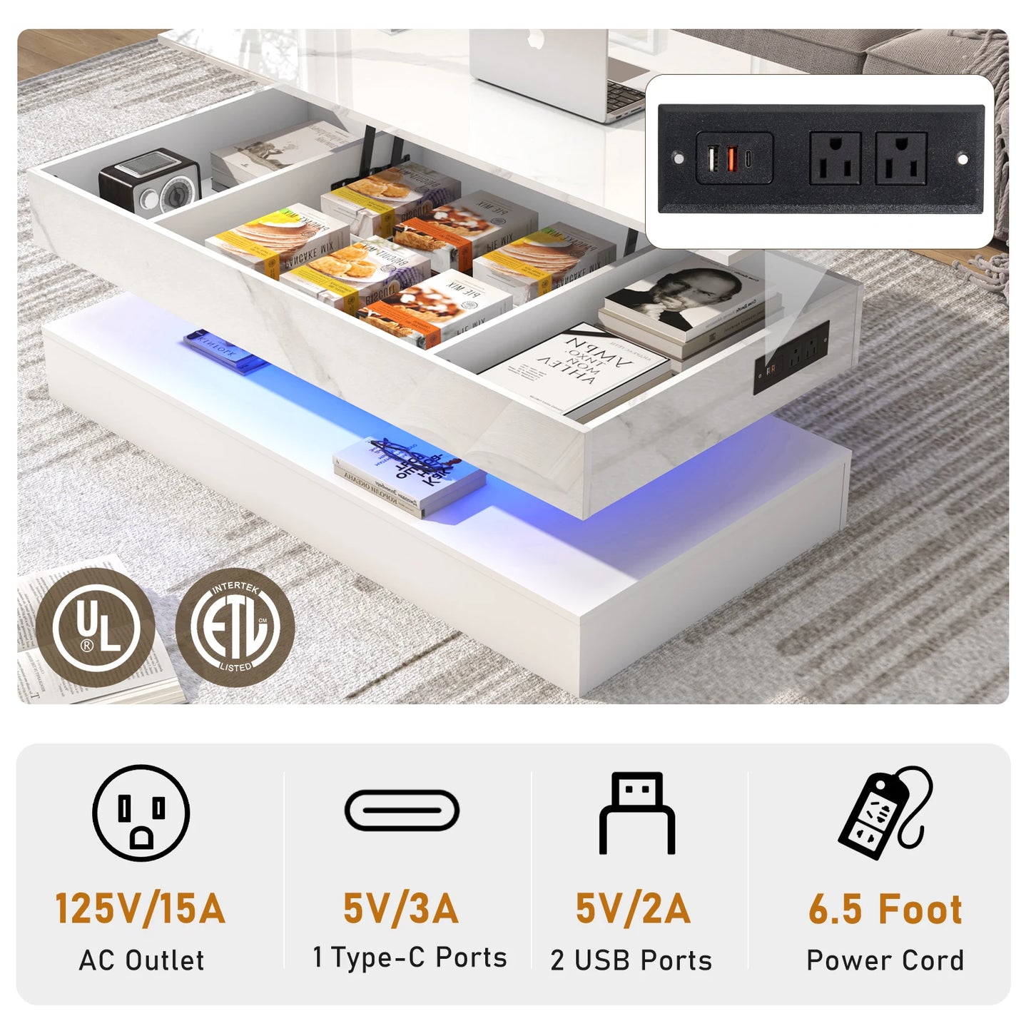 White electronic desk with open drawers, power outlets, and connectivity options displayed.