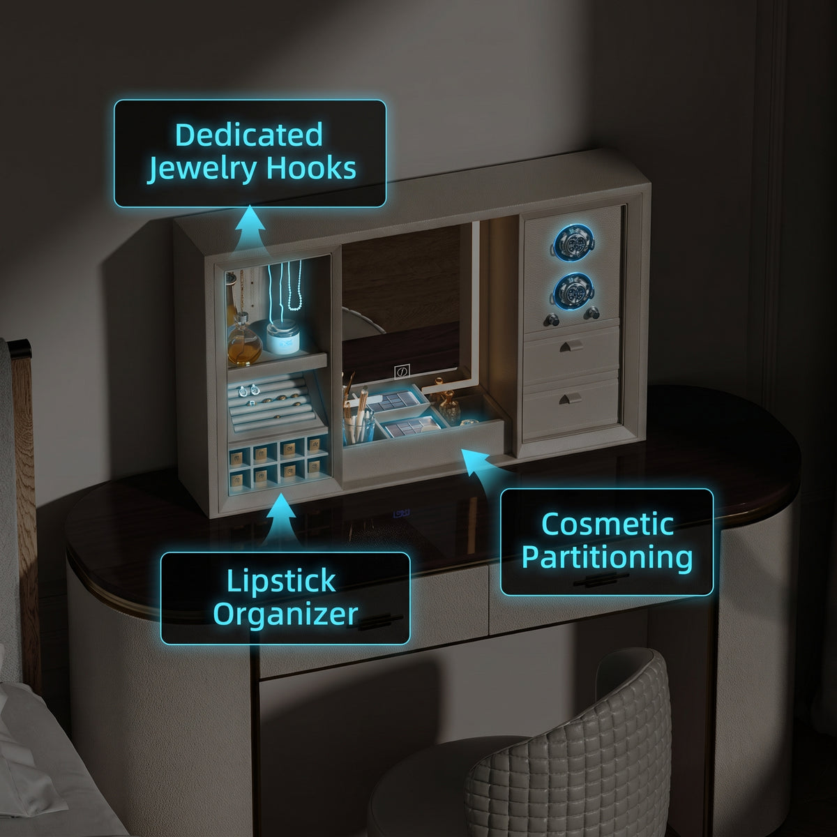 Smart Electric Lift-Mirror Vanity Table With Watch Winder