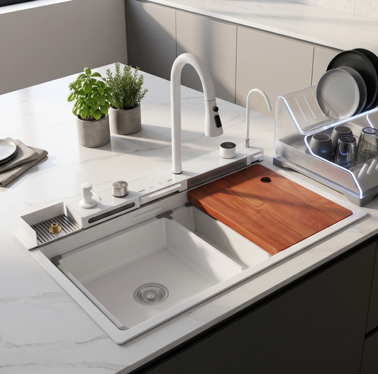 A modern white double-basin kitchen sink with an integrated white faucet and sink control panel, shown installed on a white countertop. A wooden cutting board rests in the right basin, and a dish rack with dishes is visible on the right side.