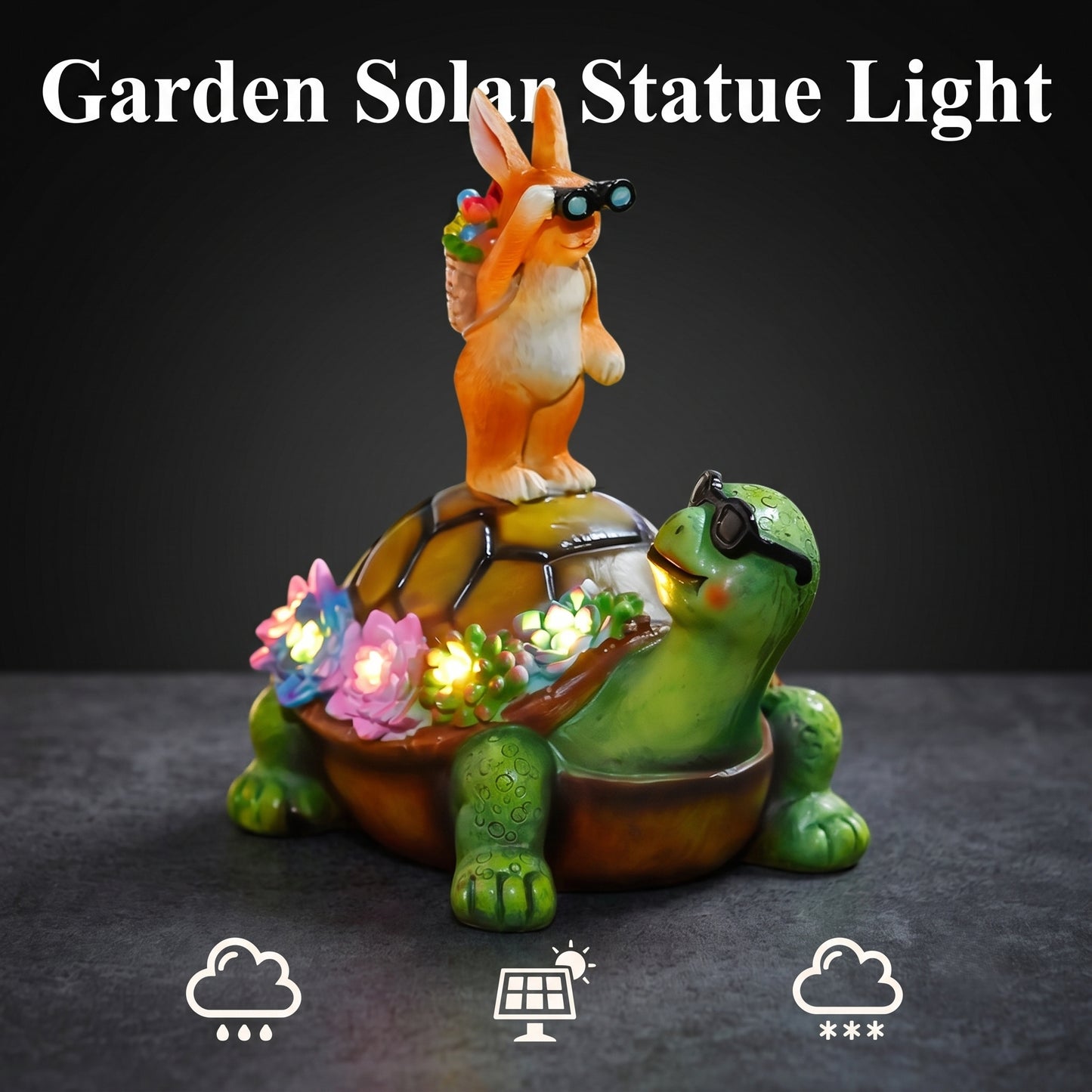 Solar Garden Turtle & Rabbit Statue Light – Outdoor Resin Decor