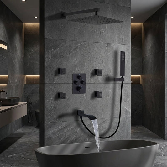 Matte Black Thermostatic Shower System with Body Jets & Tub Spout