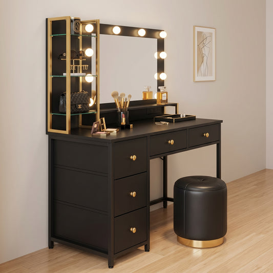Vanity Dresser with 3-Color Dimming LED Mirror, 5 Storage Drawers & Hair Dryer Holder