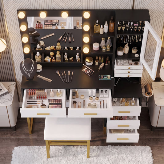 White & Gold Makeup Vanity Desk with Lighted Mirror, Jewelry Organizer & Stool
