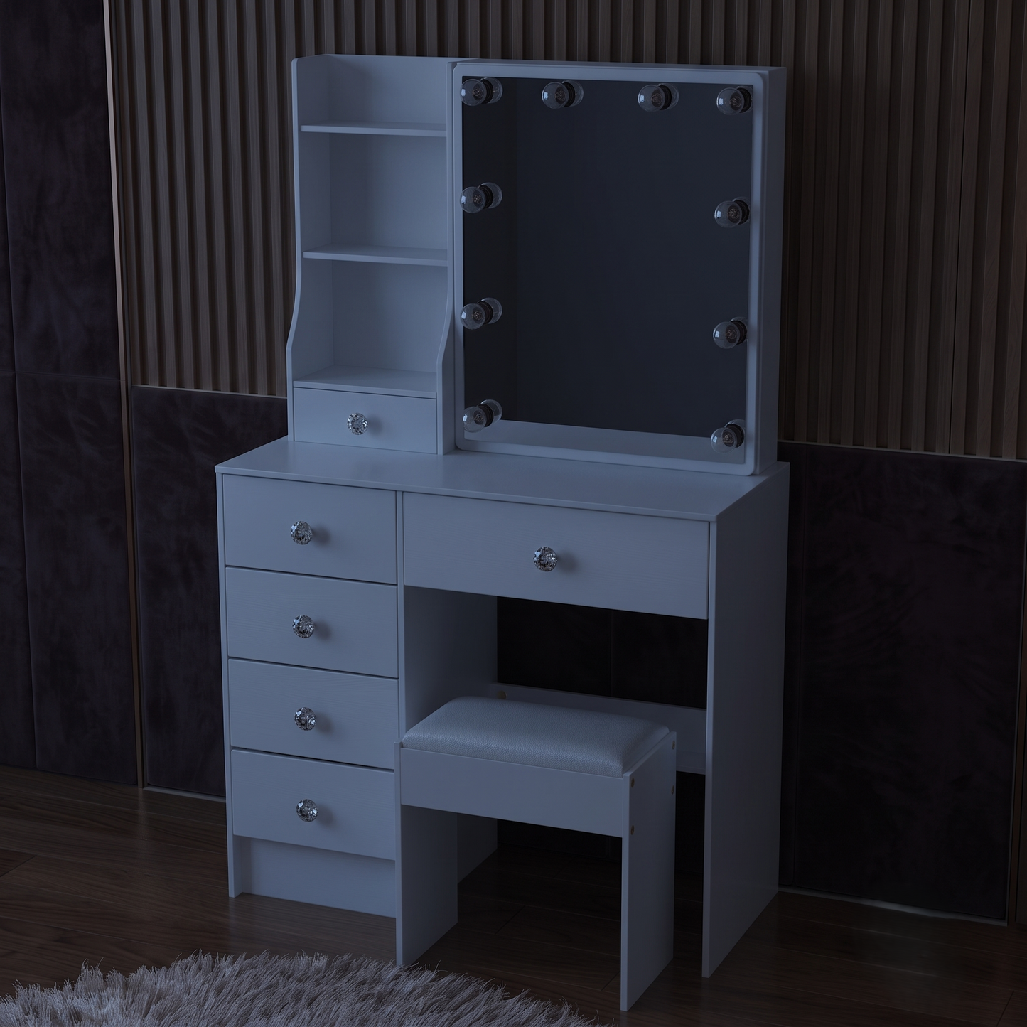 White LED Makeup Vanity Set With Sliding Mirror, 6 Drawers & Padded Stool
