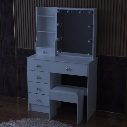 White LED Makeup Vanity Set With Sliding Mirror, 6 Drawers & Padded Stool
