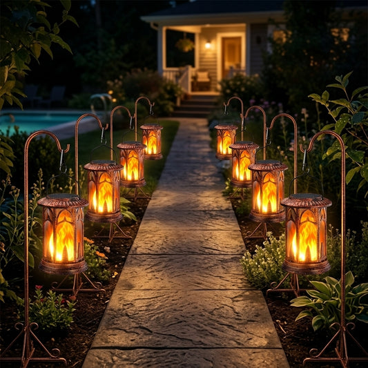 10-Piece Vintage Outdoor Solar Lanterns | Waterproof Flickering Flame Decorative Hanging Lights for Patio Garden Pathway