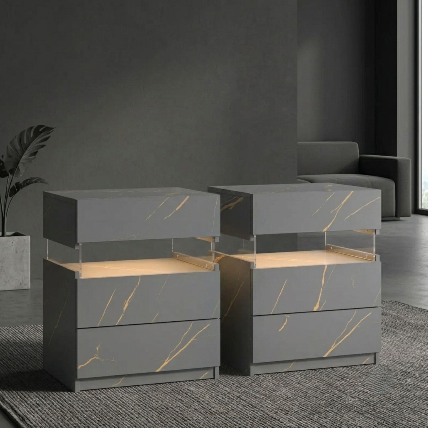 Modern 2-Set Nightstands with Integrated LED Lighting & Floating Shelf Design