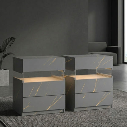 Modern 2-Set Nightstands with Integrated LED Lighting & Floating Shelf Design