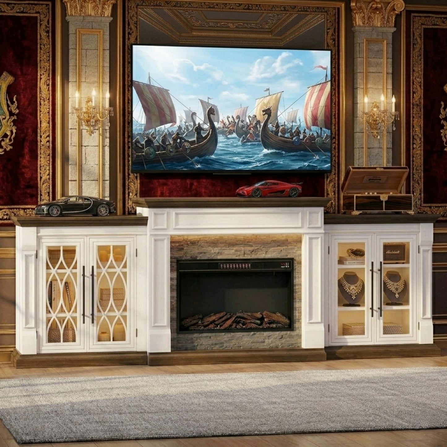 Modern Farmhouse Media Console With Electric Fireplace