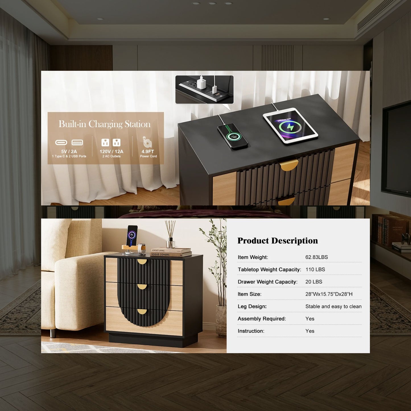 Modern 3-Drawer Bedside Table, Solid Wood End Table & Storage Cabinet