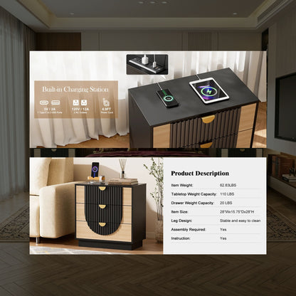Modern 3-Drawer Bedside Table, Solid Wood End Table & Storage Cabinet
