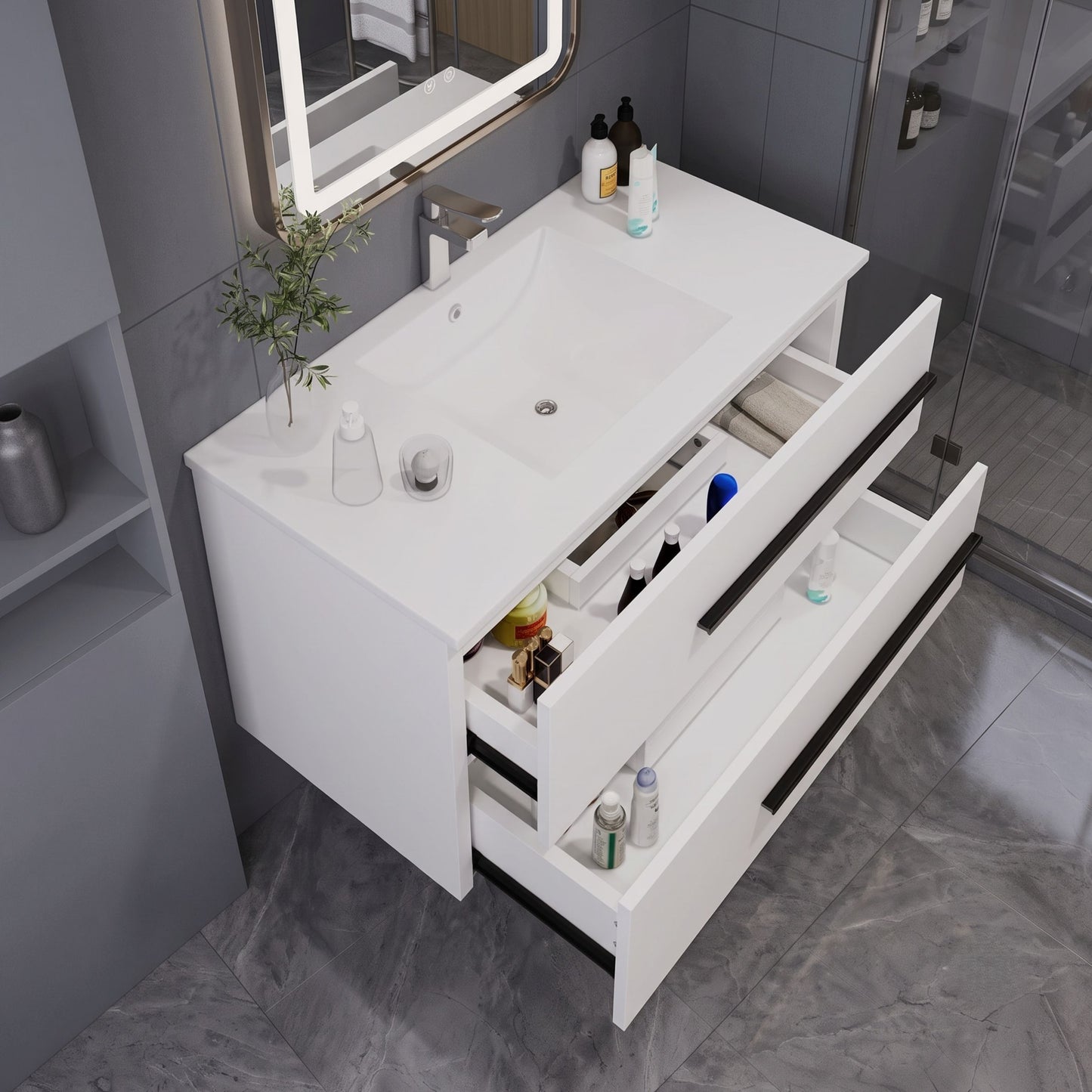 Modern Floating Bathroom Vanity with Ceramic Sink & 2 Soft-Close Drawers, Wall-Mounted Cabinet