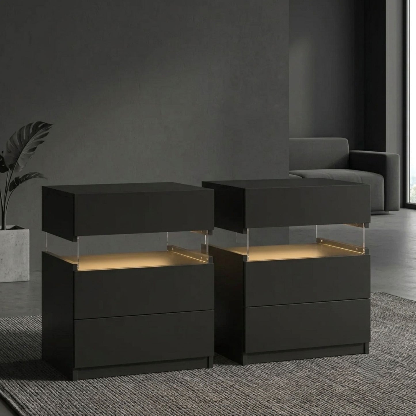 Modern 2-Set Nightstands with Integrated LED Lighting & Floating Shelf Design