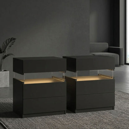 Modern 2-Set Nightstands with Integrated LED Lighting & Floating Shelf Design