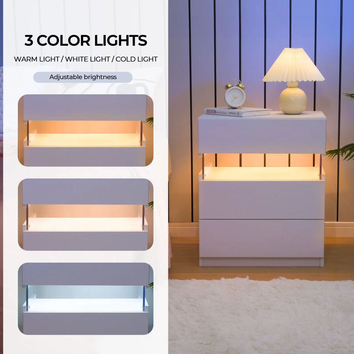Modern 2-Set Nightstands with Integrated LED Lighting & Floating Shelf Design