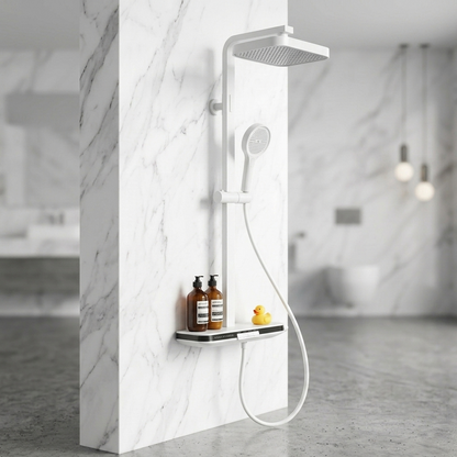 White Modern Ambient Light Shower System with 50cm Shelf