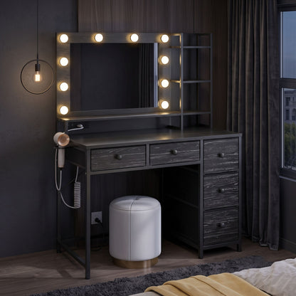 Vanity Dresser with 3-Color Dimming LED Mirror, 5 Storage Drawers & Hair Dryer Holder