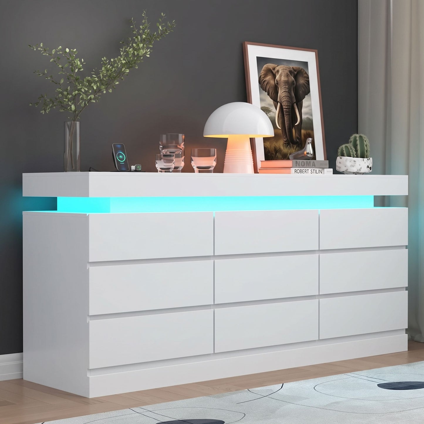 Minimalist 9 Drawer Dresser with LED Lights & Charging Station