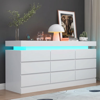 Minimalist 9 Drawer Dresser with LED Lights & Charging Station