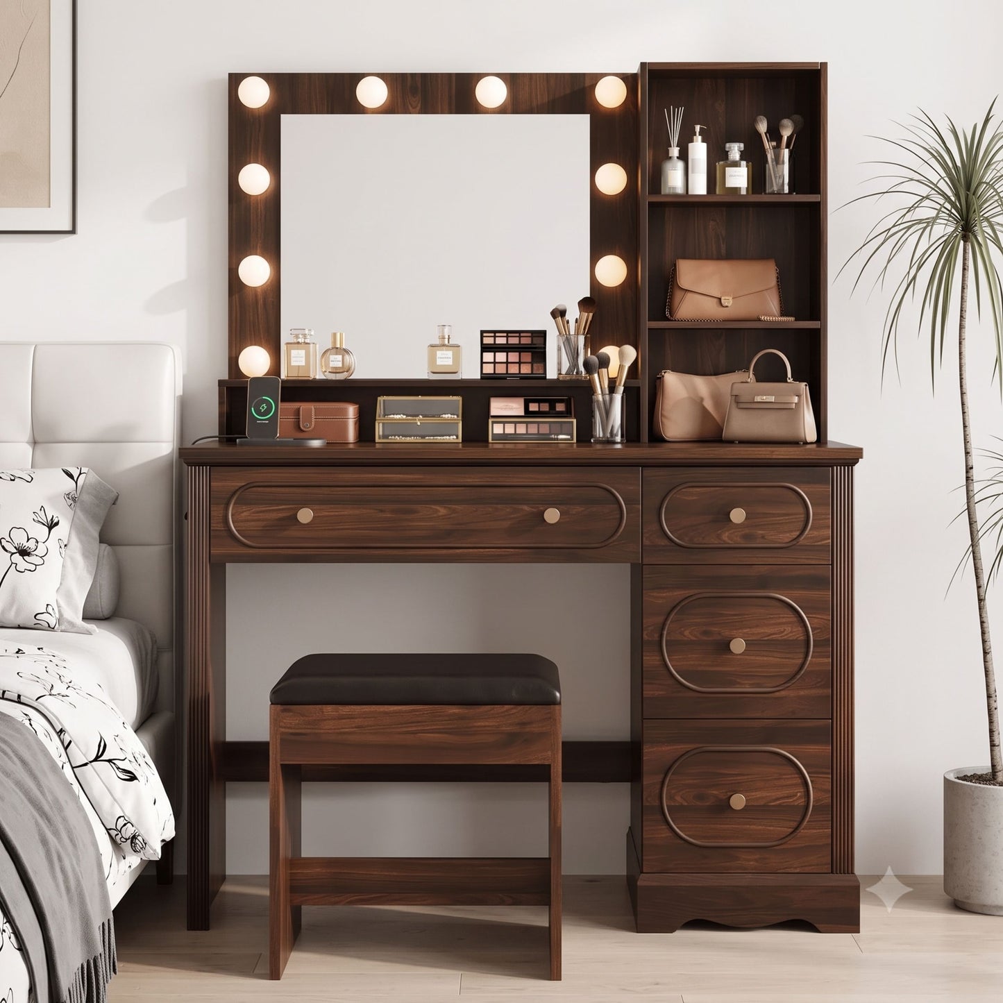 Brown Vanity Desk with Lighted Mirror, Charging Station & Stool