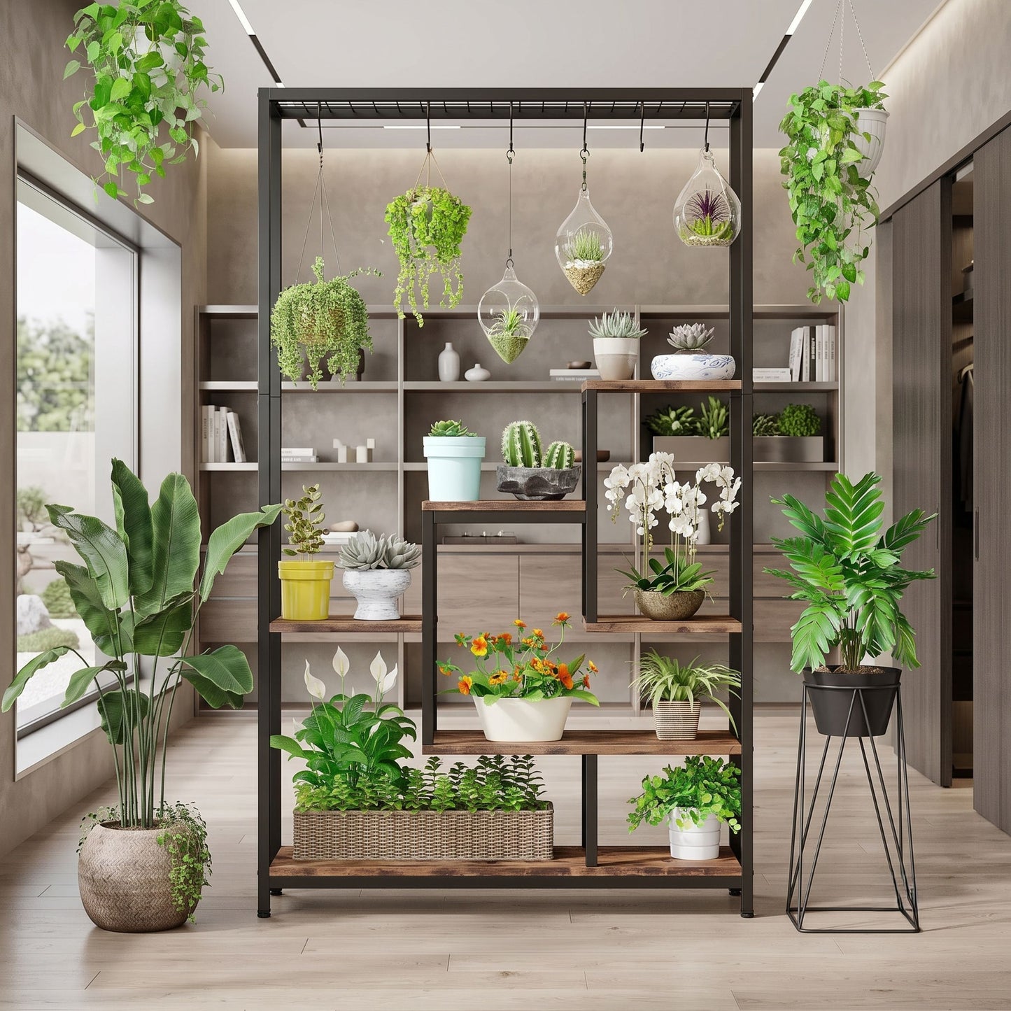 5-Tier Tall Metal Multi-Functional Display Shelf With Hanging Hooks