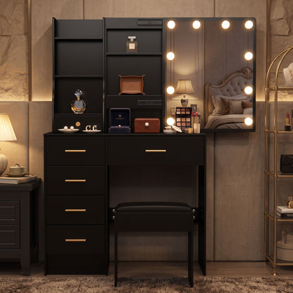 Black Makeup Vanity Dressing Table Set with Stool, Hidden Shelves, & Sliding Mirror