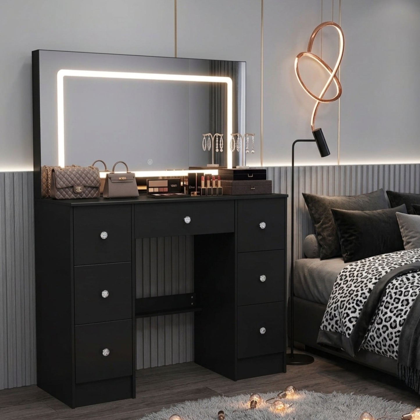 Large Black 7-Drawer Vanity Dressing Table