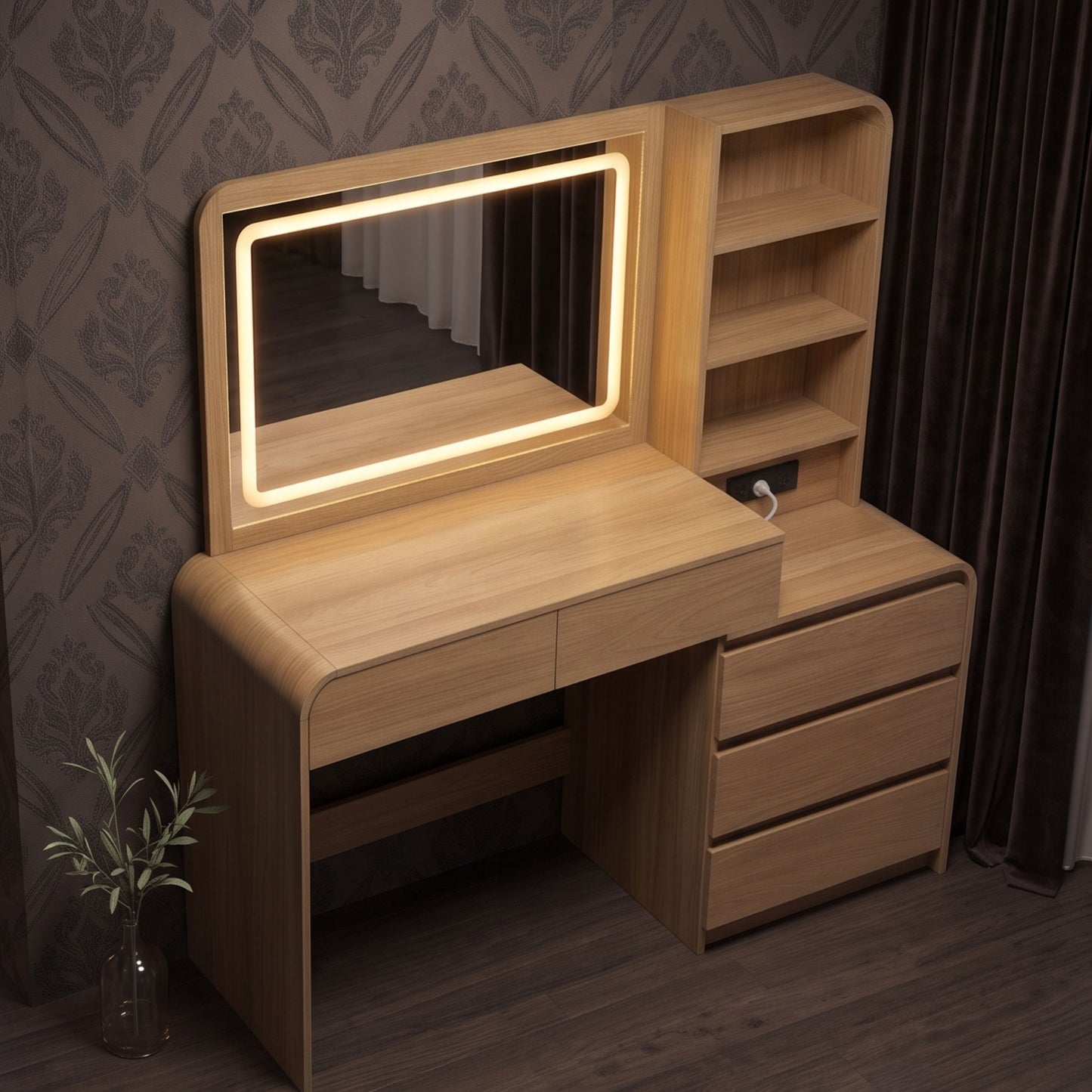 Minimalist Wooden Vanity Desk with Lighted LED Mirror & Charging Station