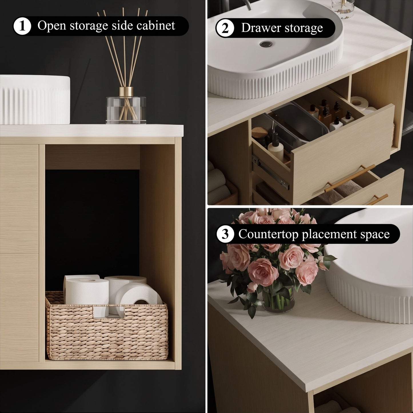 Modern Wall-Mounted Floating Bathroom Vanity with Fluted Oval Vessel Sink