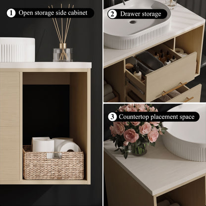 Modern Wall-Mounted Floating Bathroom Vanity with Fluted Oval Vessel Sink