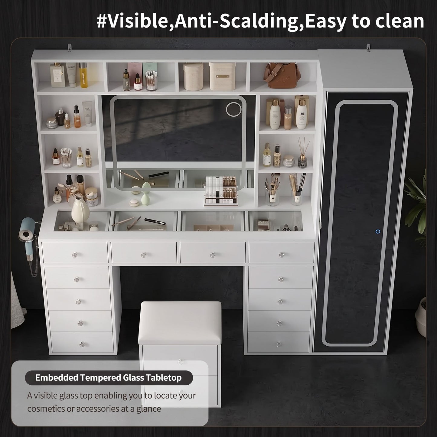 White LED Makeup Vanity Desk With 14 Drawers, Glass Top & Lighted Wardrobe
