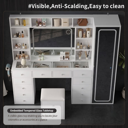 White LED Makeup Vanity Desk With 14 Drawers, Glass Top & Lighted Wardrobe