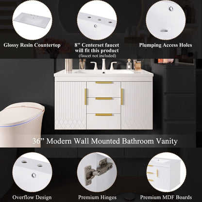 Floating Bathroom Vanity with Resin Sink Combo & Gold Hardware