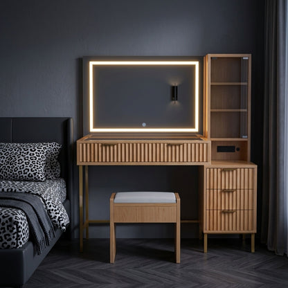 Modern Oak Makeup Vanity Desk with Lighted LED Mirror & Charging Station