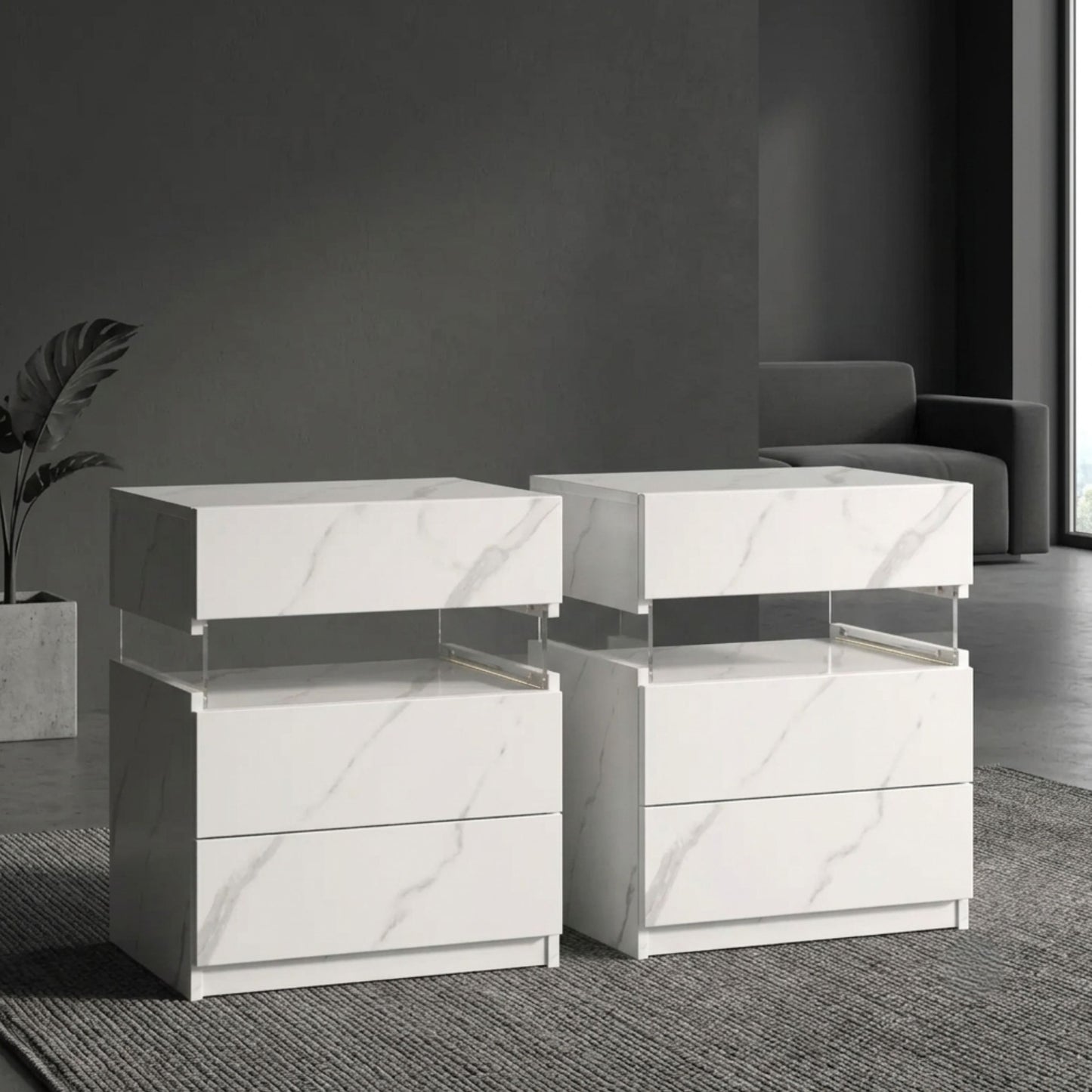 Modern 2-Set Nightstands with Integrated LED Lighting & Floating Shelf Design