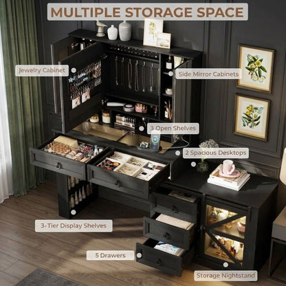 A black multiple-storage vanity desk shown open in a styled room, with labeled callouts pointing to jewelry cabinets, side mirror cabinets, open shelves, desktops, tier display shelves, drawers, and a storage nightstand. The room has dark paneled walls, wood flooring, curtains, and framed wall art.