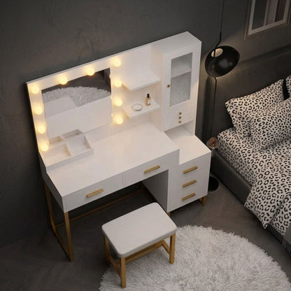 White & Gold Makeup Vanity Desk with Lighted Mirror, Jewelry Organizer & Stool