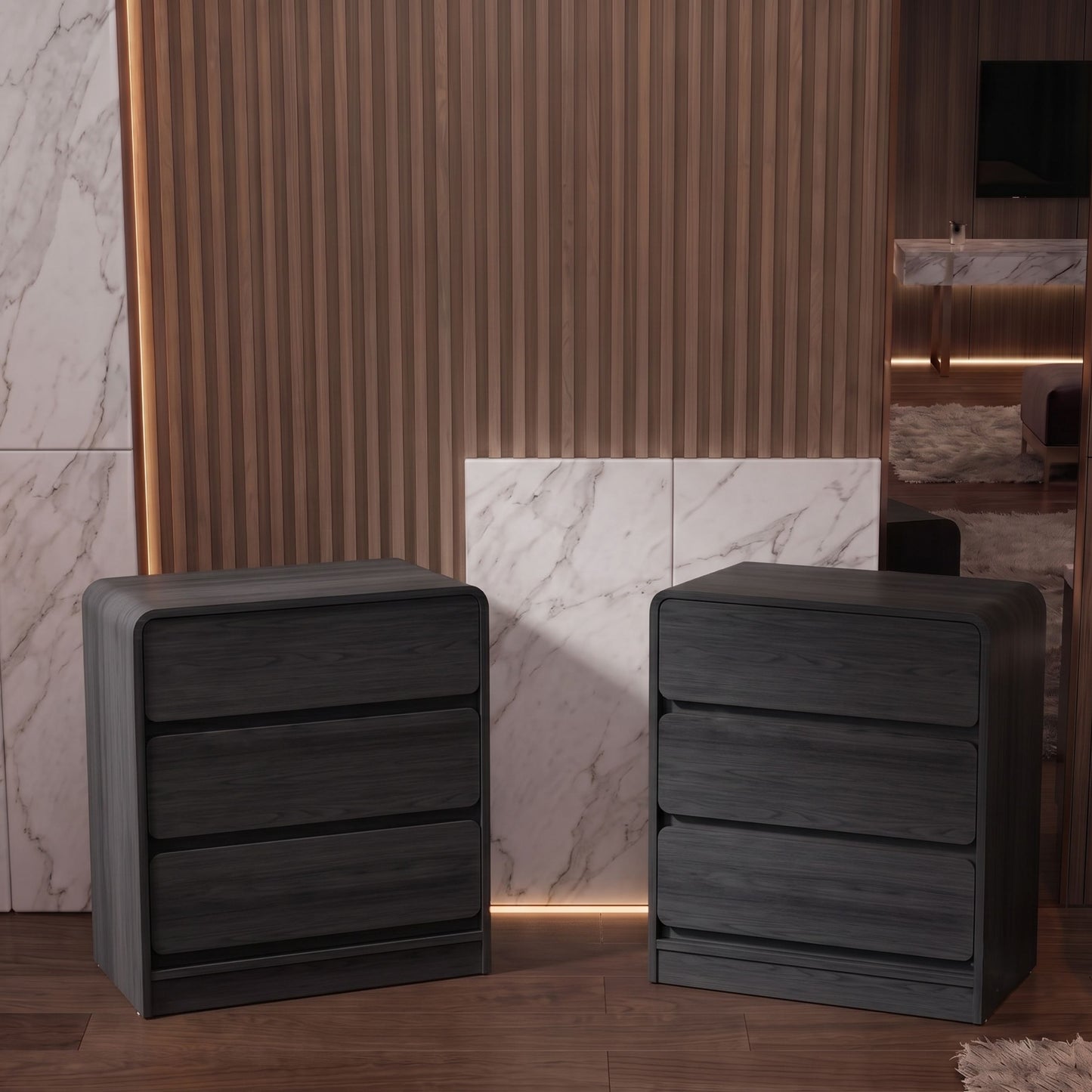 Modern 2-piece 3-Drawer Nightstand with Curved Engineered Wood Ends