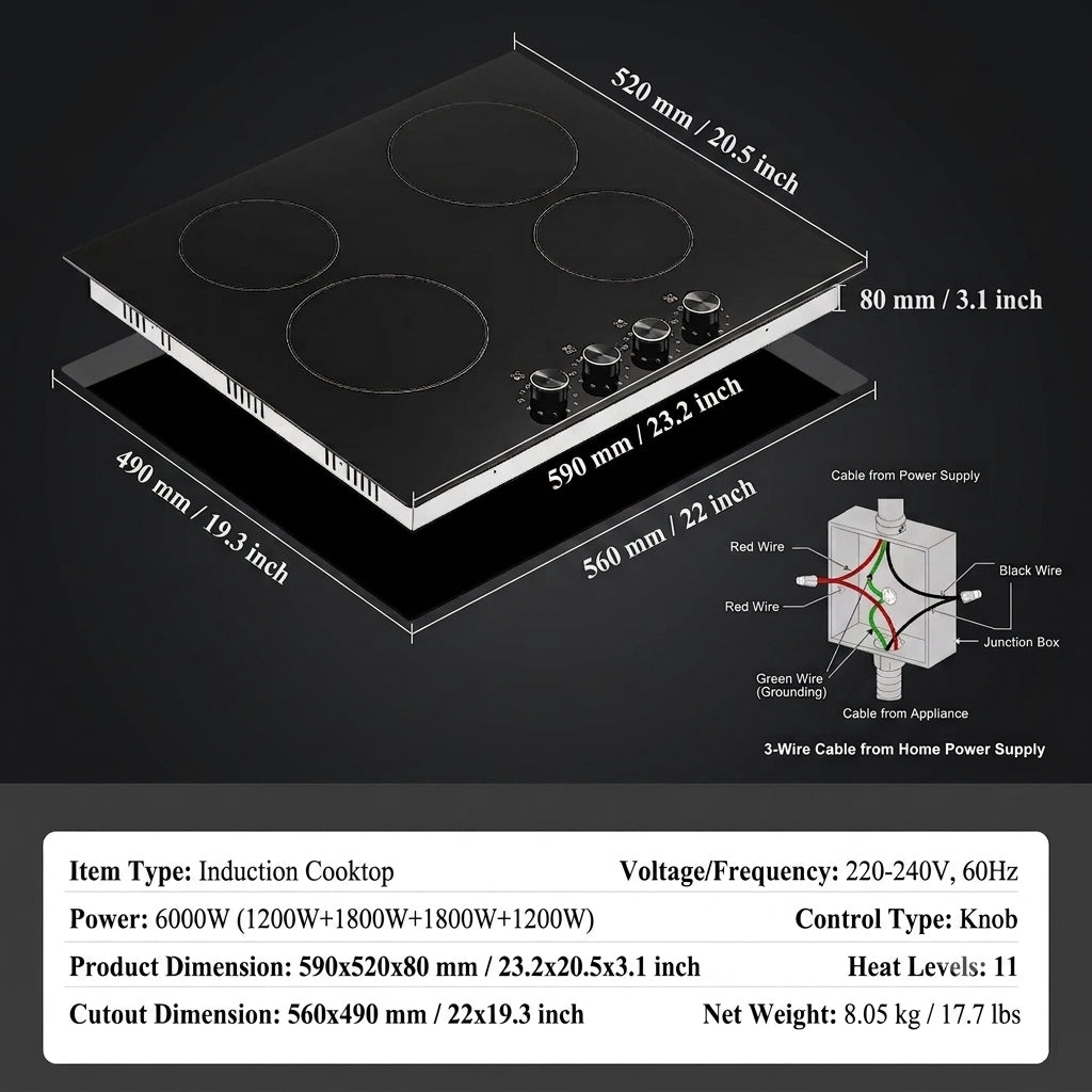 24-Inch Built-In Electric Cooktop, 4-Burner Glass Ceramic Radiant Stovetop