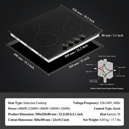 24-Inch Built-In Electric Cooktop, 4-Burner Glass Ceramic Radiant Stovetop