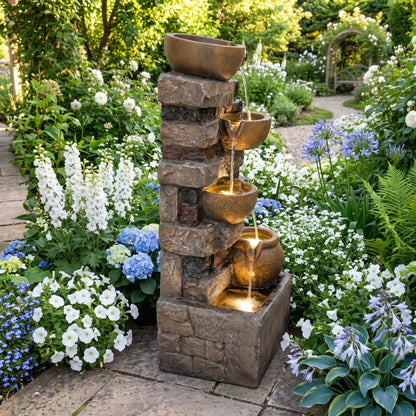 28-Inch Garden Weathered Rock Water Feature | Five-Level Spilling Illuminated Aquascape